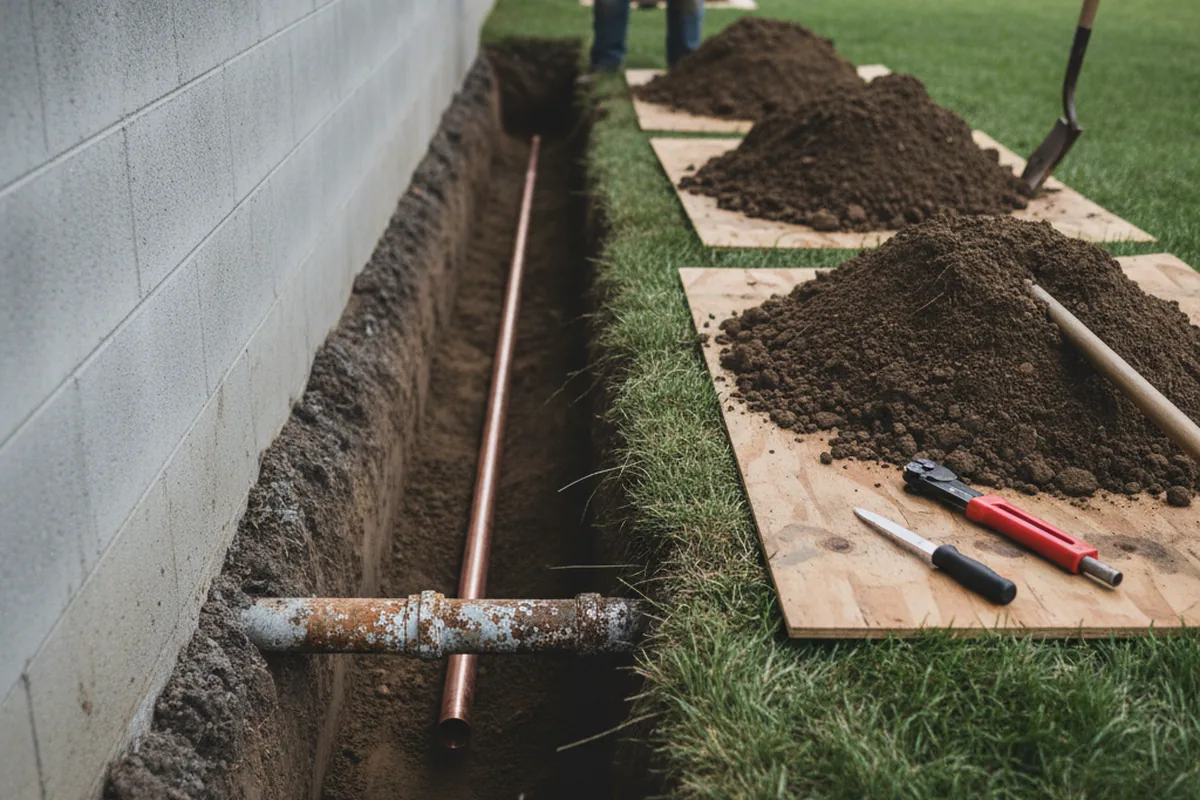 Excavated water line trench during Water Softener Installation in Valley Center